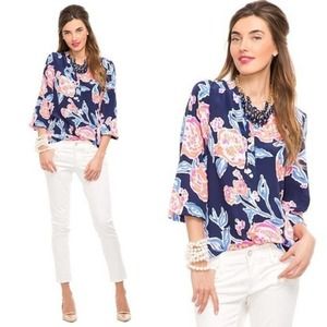 Lilly Pulitzer Top Small Navy Floral Alexandra Henley Long Sleeve Bright Pom Pom
